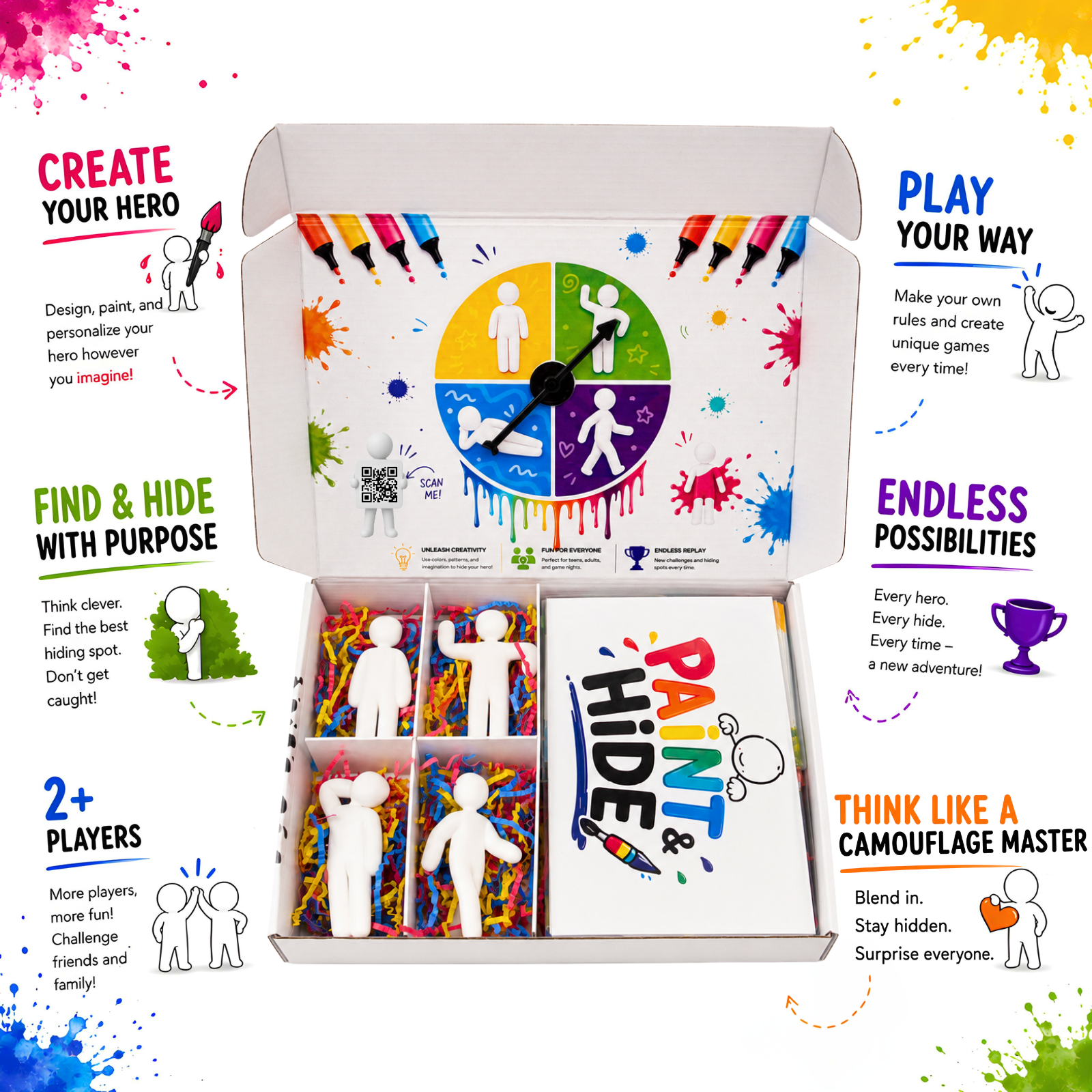 Paint & Hide play set with figures, spinner wheel, and booklet