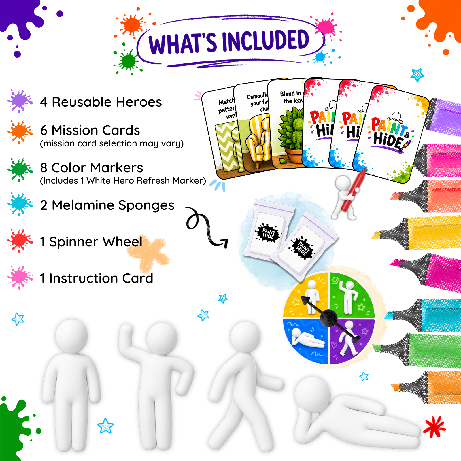 Paint & Hide play set with figures, spinner wheel, markers, and booklet