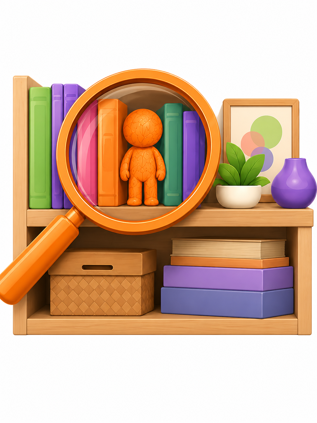 Orange camouflaged figure found on a bookshelf with a magnifying glass