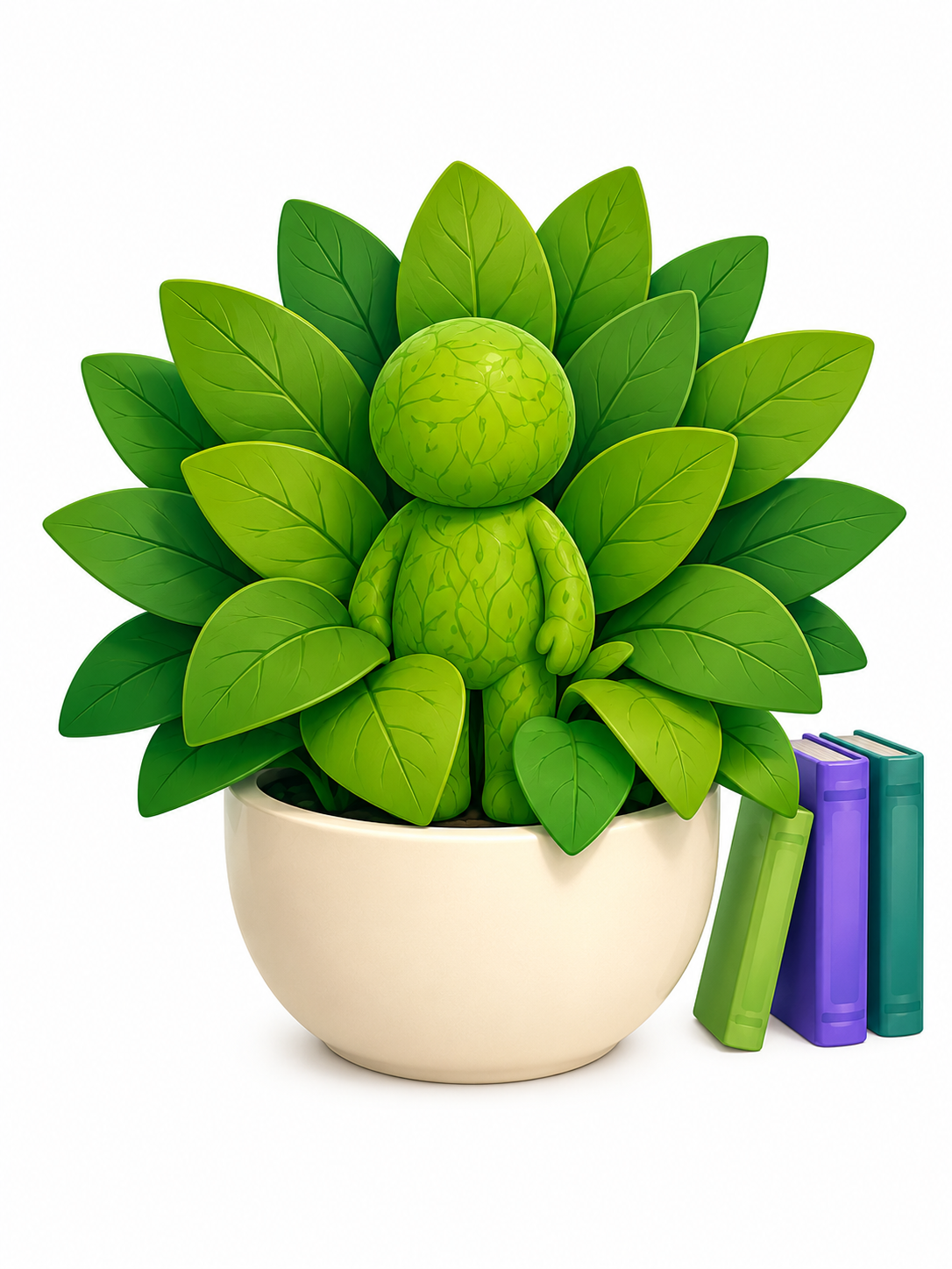 Green camouflaged figure hidden inside a leafy plant