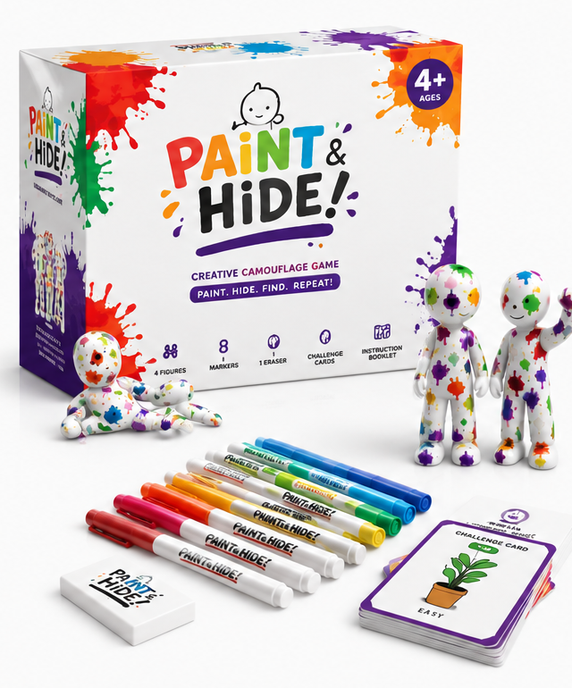 Paint & Hide play set box with painted figures